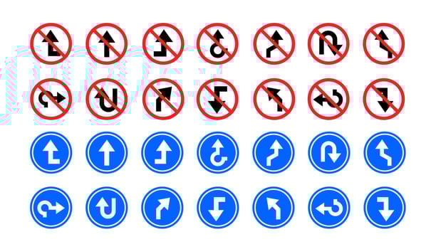 Road arrow sign. Navigation arrows symbol. Direction pointers, way sign. Driving marks, transport indicators icons. Turns, curves, straight paths, U-turns lane, signpost set vector