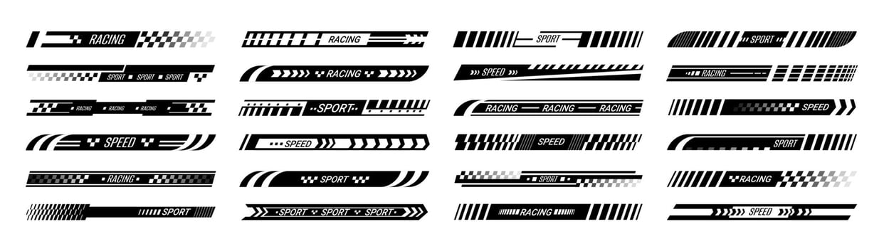 Race sports lines. Black car speed line stickers. Sport bike stripes decals. Vinyl motorcycle geometric identity marks. Vehicle decorative tuning. Motor starts flag elements. set vector