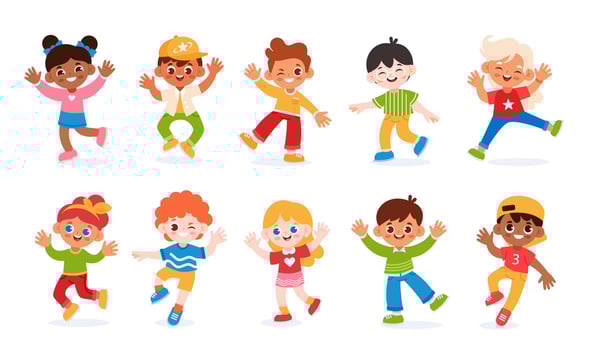 Happy kids. Cartoon playful boys and girls. Funny child characters jumping, dancing, playing. Cute kid activities. School, kindergarten smiling children in different poses, set vector