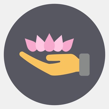 Icon lotus on hand. Buddhism and vesak elements. Icon in color mate style. vector