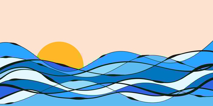 Sunset and Ocean Waves Background. Abstract sea landscape with hand-drawn lines. Minimal beach horizon design. Blue wavy pattern. vector