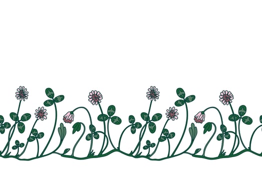 Botanical floral border isolated on white background. Hand drawn doodle clover plant with pink Flowers Stems green Leaves illustration. Graphic design doodle element for Birthday Wedding Print vector
