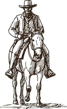 Cowboy on Galloping Horse Holding Gun Wild West Vintage Drawing vector