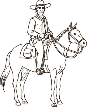Western Cowboy with Horse and Desert Cactus at Dusk Illustration vector