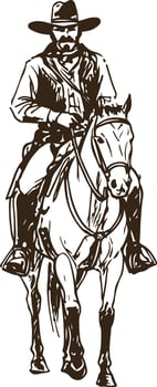 Rodeo Cowboy on Horseback with Cattle and Desert Horizon Illustration vector