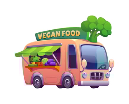 Food truck with vegan cuisine, cartoon foodtruck vector