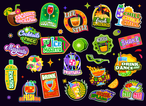 Cocktail drinks y2k groovy stickers and labels vector