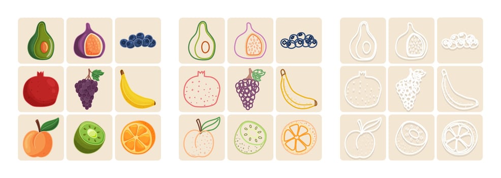 Colorful fruit icons in three stroke styles on beige background vector