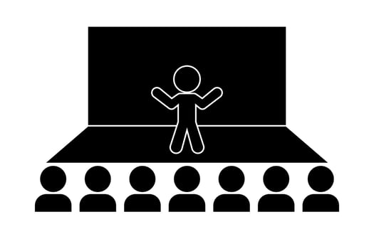 Public speaker on stage and mass silhouette. vector