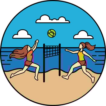 Two women are playing beach volleyball vector