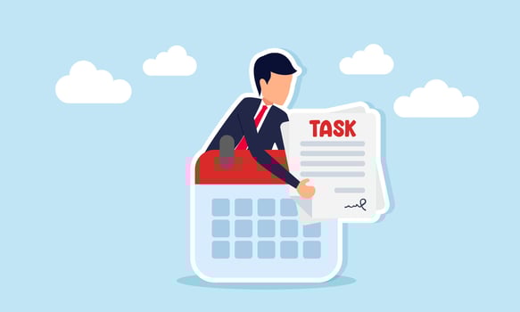 Businessman emerging from behind a schedule calendar holding a paper with task written on it, illustration of arranging a schedule to complete tasks vector