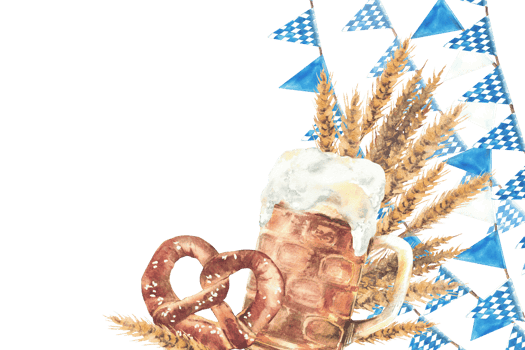 Mug of Beer with pretzel and malt ears, spike against of blue rhombus Bavarian flags elements on the rope, triangular pennant Oktoberfest garland. Watercolor hand drawn banner. Isolated illustration png