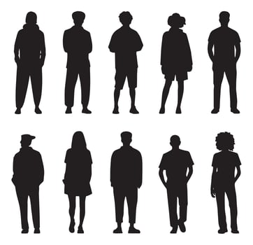 Ten Diverse People Silhouettes Standing in a Row, Full Body Shots, Black and White vector