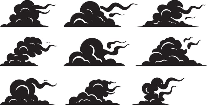 Cloud Silhouette Collection in Black Featuring Swirling and Windy Forms vector