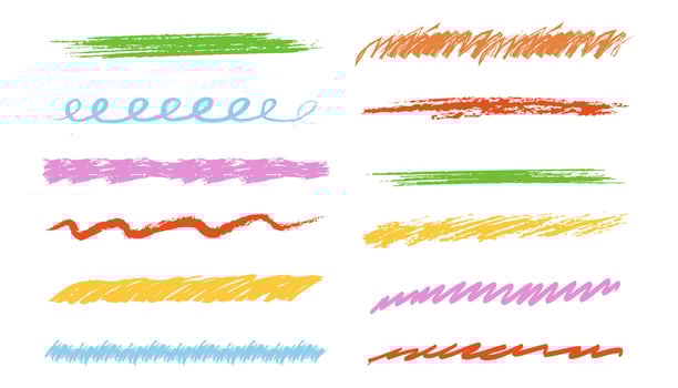Crayon underline stroke set brush mark, grunge textured hand drawn sketch border, divider. Pastel colored scribble highlight charcoal rough. vector