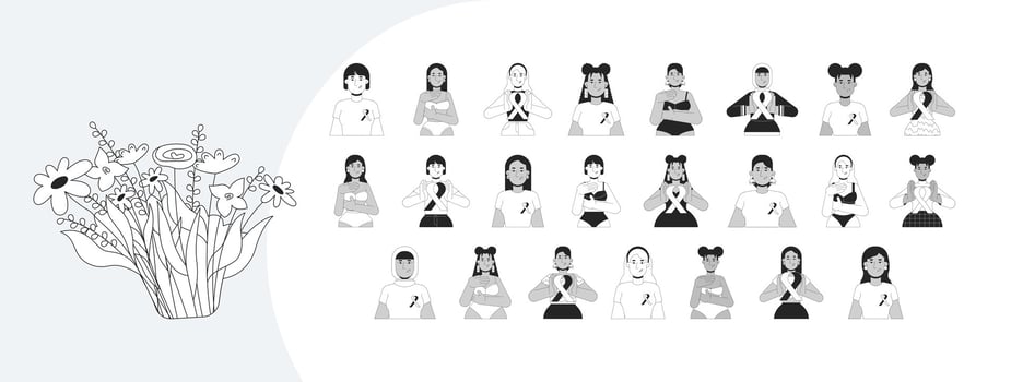 Breast cancer awareness outline illustrations mega bundle. Self examination, pink ribbons. Multicultural women empowerment 2D linear images isolated. Collection black and white drawings vector