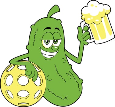 funny pickle cartoon character with pickleball ball holding a glass of beer hand drawn vector