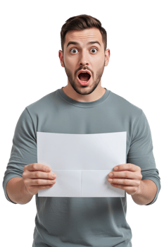 A man with a surprised look, holding an open letter or envelope. isolated on a transparent background png