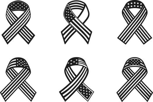 Set of Six American Flag Ribbon Silhouette Vectors - Patriotic Symbol Illustrations