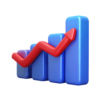Vivid 3D Rendering of a Rising Bar Graph with an Upward Trending Arrow png