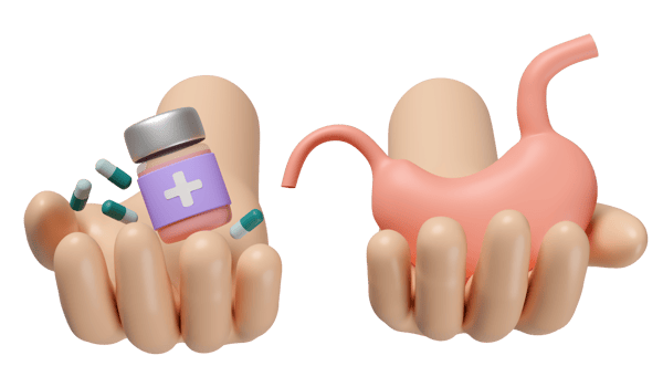 3d hands holding realistic human stomach with medicine bottle, antibiotics isolated. gastric disease concept, 3d illustration render png