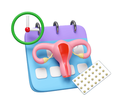 3d uterus model with clock, calendar, birth control pills isolated. menstrual cycle concept, 3d illustration render png