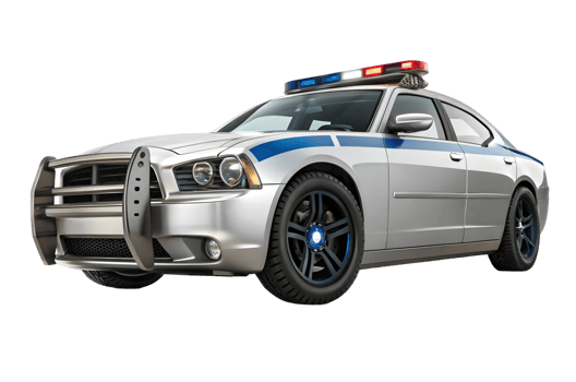 Police car silver with blue stripe and push bumper emergency vehicle law enforcement on transparent background png