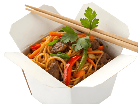 Close up of takeout box filled with stir fried noodles beef and vegetables with chopsticks on top on transparent background png