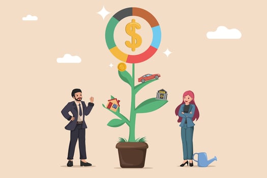 A Plant with Dollar Sign Flower, Sprouting a House, Car, and Bank, Watched by a Businessman and a Woman with a Watering Can. vector