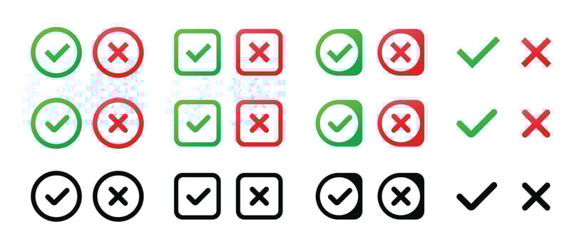 Check Mark and Cross Icons Set. A versatile collection of check marks and cross icons in various shapes, colors, and styles, perfect for user interfaces, presentations, and design projects vector