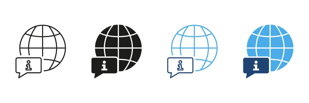 Globe With Information Speech Bubble Icon Set. Global Communication, Information Sharing, And Worldwide Connectivity Outline And Silhouette Symbol Collection. Isolated Illustration vector