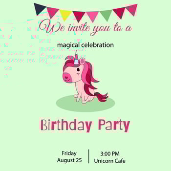 Birthday invitation card with a cute bright unicorn on a light background vector
