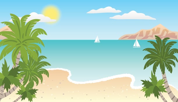 Summer Sea Beach Landscape featuring sun, clear blue sky, calm ocean, palm trees and sandy shore, evoking a relaxing tropical vacation vibe, ideal for travel themes and seasonal promotions. vector