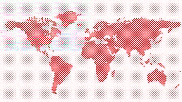 Halftone red circle pattern world map background vector