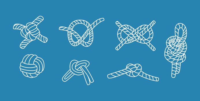 Vintage illustrations of white nautical rope knots on blue background. Line illustration vector