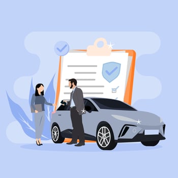 A man and woman are standing next to a car with a check mark vector