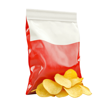 Bag of chips with snack falling out on transparent background png