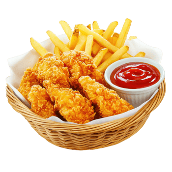 Chicken tenders with fries and ketchup on transparent background png
