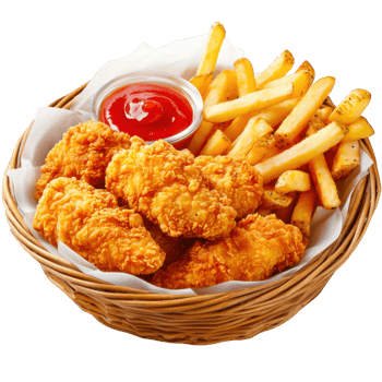 Chicken nuggets with fries in basket on transparent background png