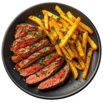 Steak and fries on a plate meal on transparent background png