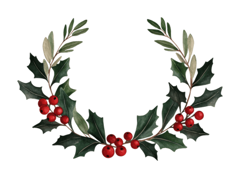 Festive holiday wreath with holly berries and leaves png