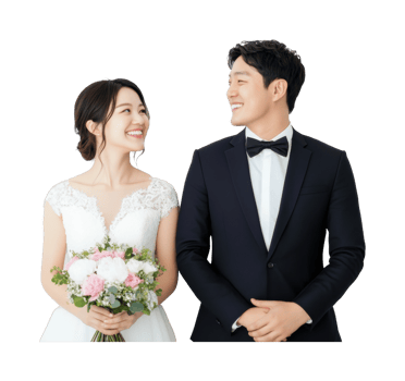 Asian young couple in wedding attire smiling and holding flowers png