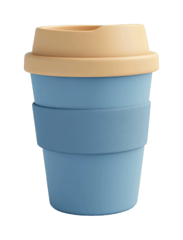 Reusable blue coffee cup with tan lid and grip sleeve png