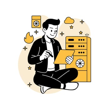 illustration of a man managing AI server infrastructure using a digital tablet. Includes server racks, icons, and clean flat design in yellow and black. vector