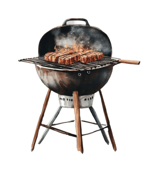 Grilled steaks on outdoor charcoal bbq with smoke and flames png