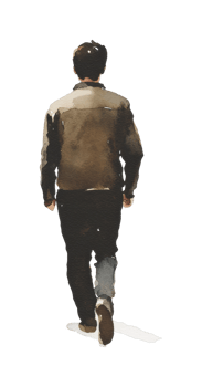 Caucasian male walking away in casual jacket watercolor style png
