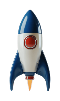 Blue and white rocket with orange flame png