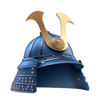 Traditional japanese samurai helmet with gold and blue ornamentation png