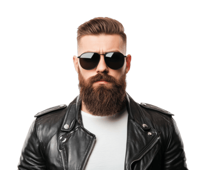 Bearded caucasian male in leather jacket wearing sunglasses png