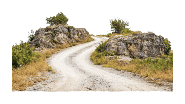 Winding gravel road through rocky landscape with vegetation png